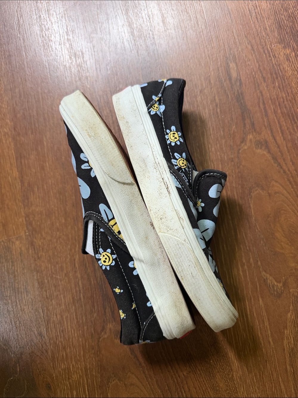 Vans Slip-On Sneakers - Black with Blue & Yellow Smiley Daisies - Picture 4 of 5